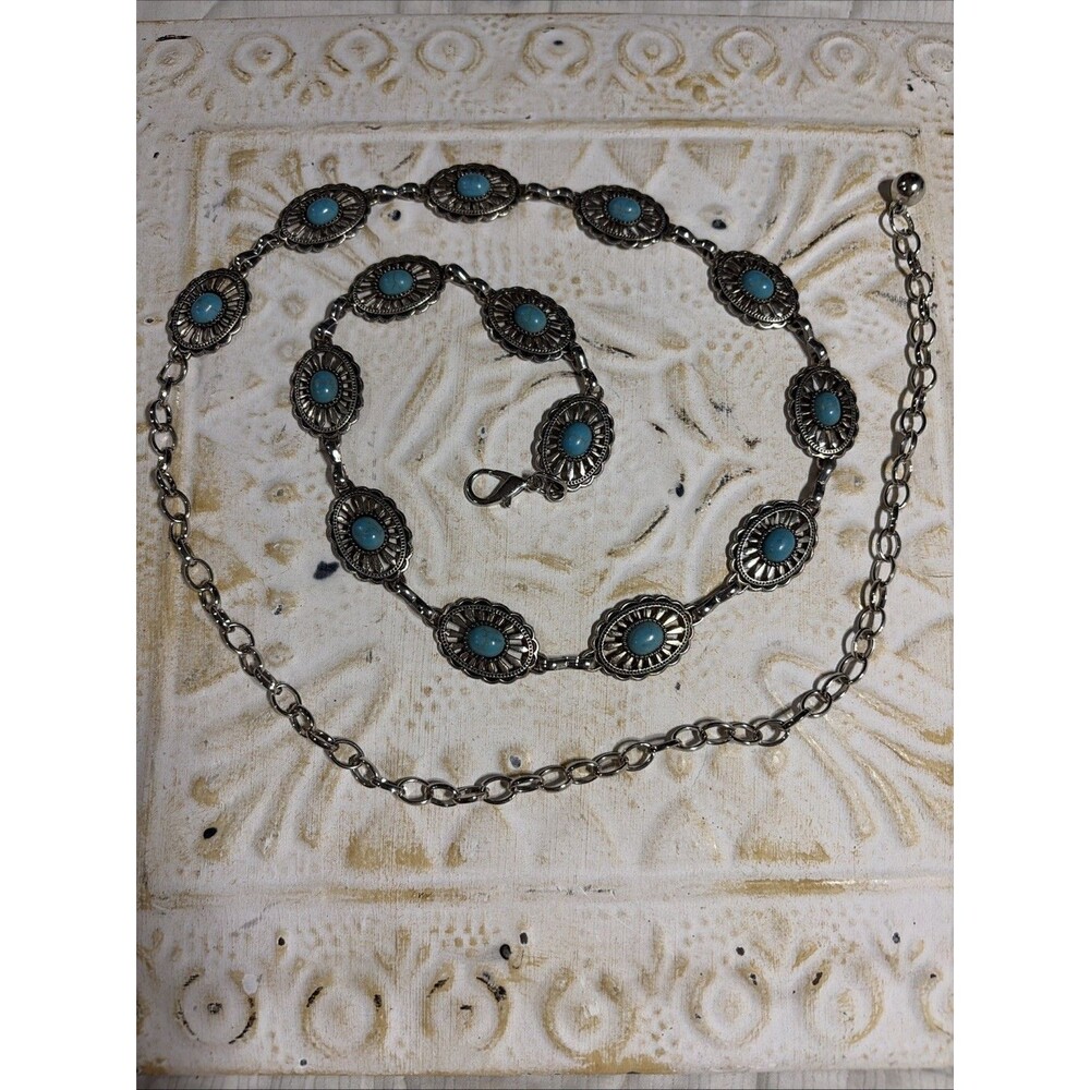 Western Boho Silver Tone Turquoise Color Concho Chain Cowgirl Belt 42”